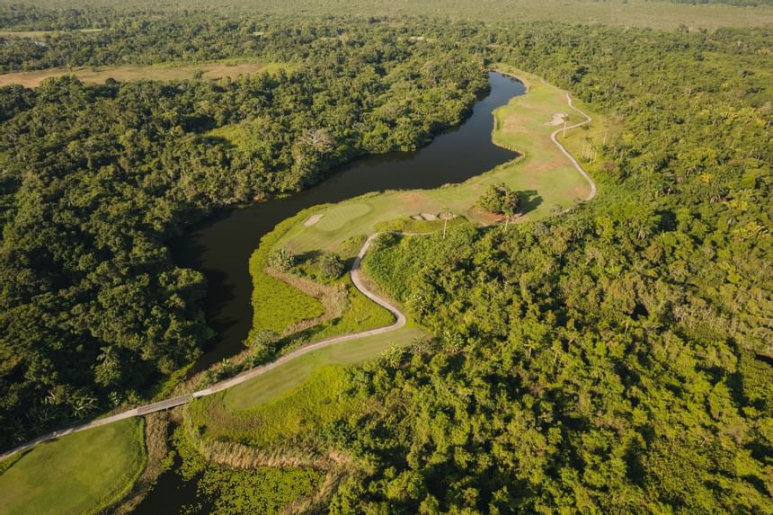 Aerial view of golf course area near Indura Resort