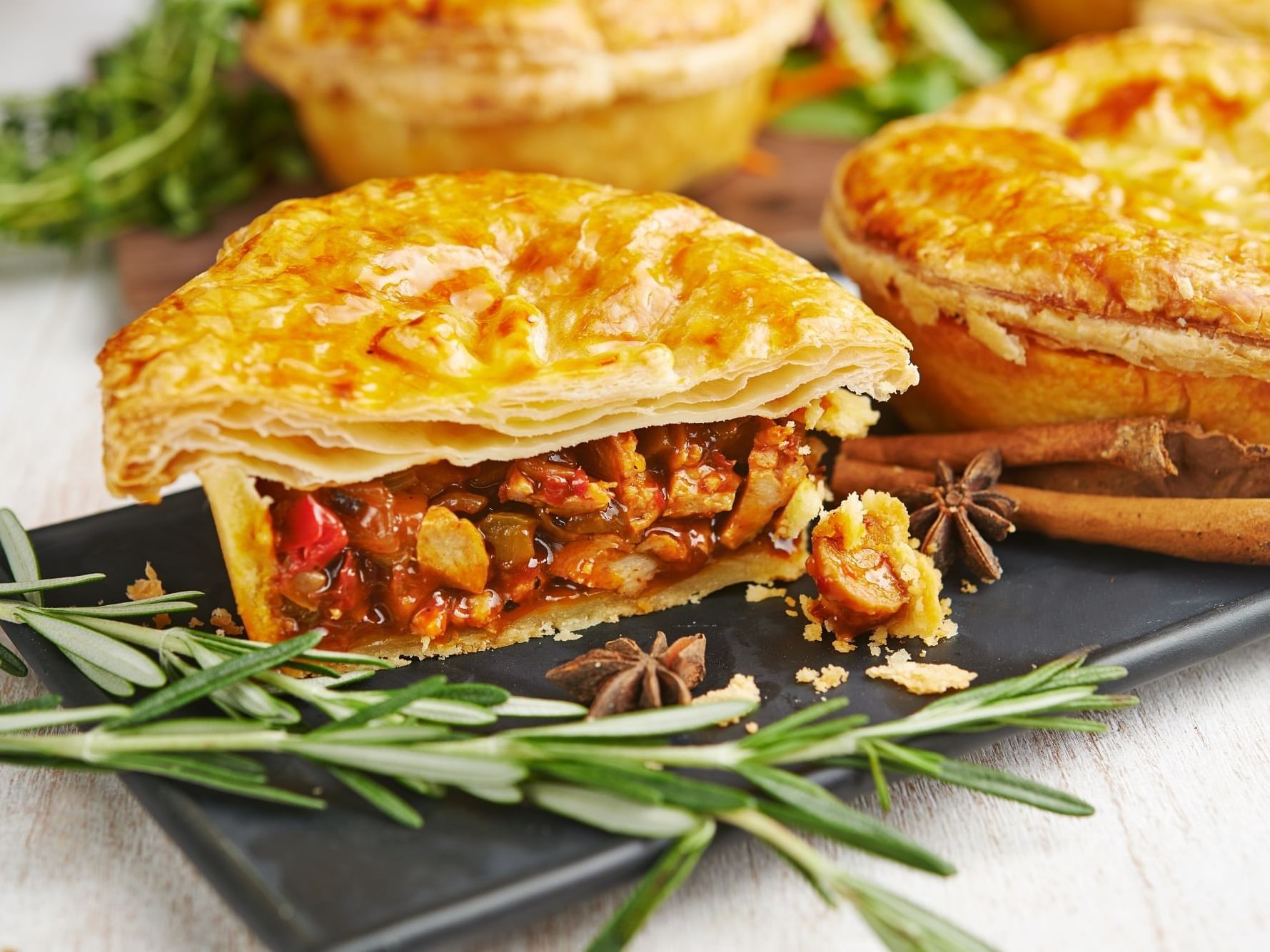 Close-up of a meat pie served in The Straits Deli at VE Hotel