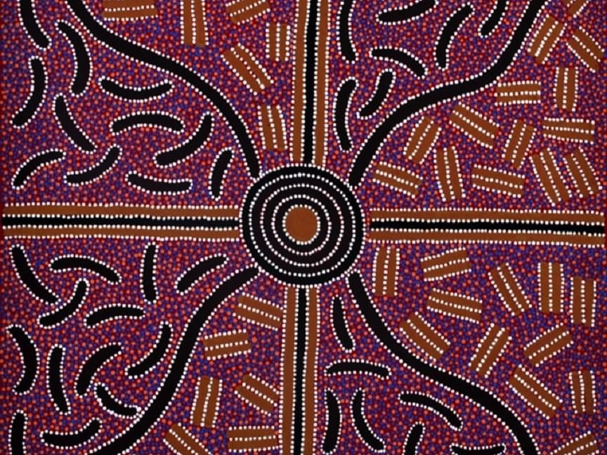 Painted wall art of Men's Dreaming by Lindsay Bird Mpetyane in Mitchell Fine Art near Sofitel Brisbane Central