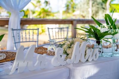 MR and MRS sign boards displayed on a wedding table at Bougainvillea Barbados