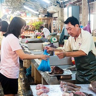 penang local wet market selling meat and seafood