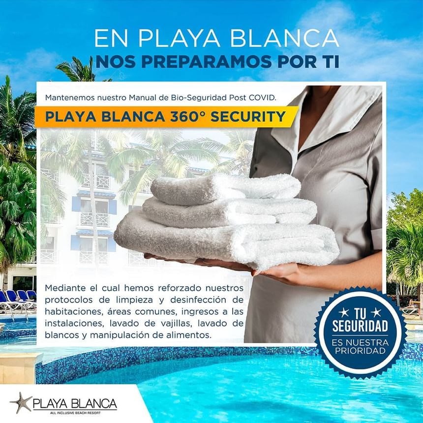 A poster on Health and safety at Playa Blanca Beach Resort
