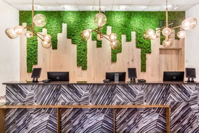 Contemporary reception desk at The Riverwalk Plaza Hotel with wood paneling, green moss decor, and stylish light fixtures