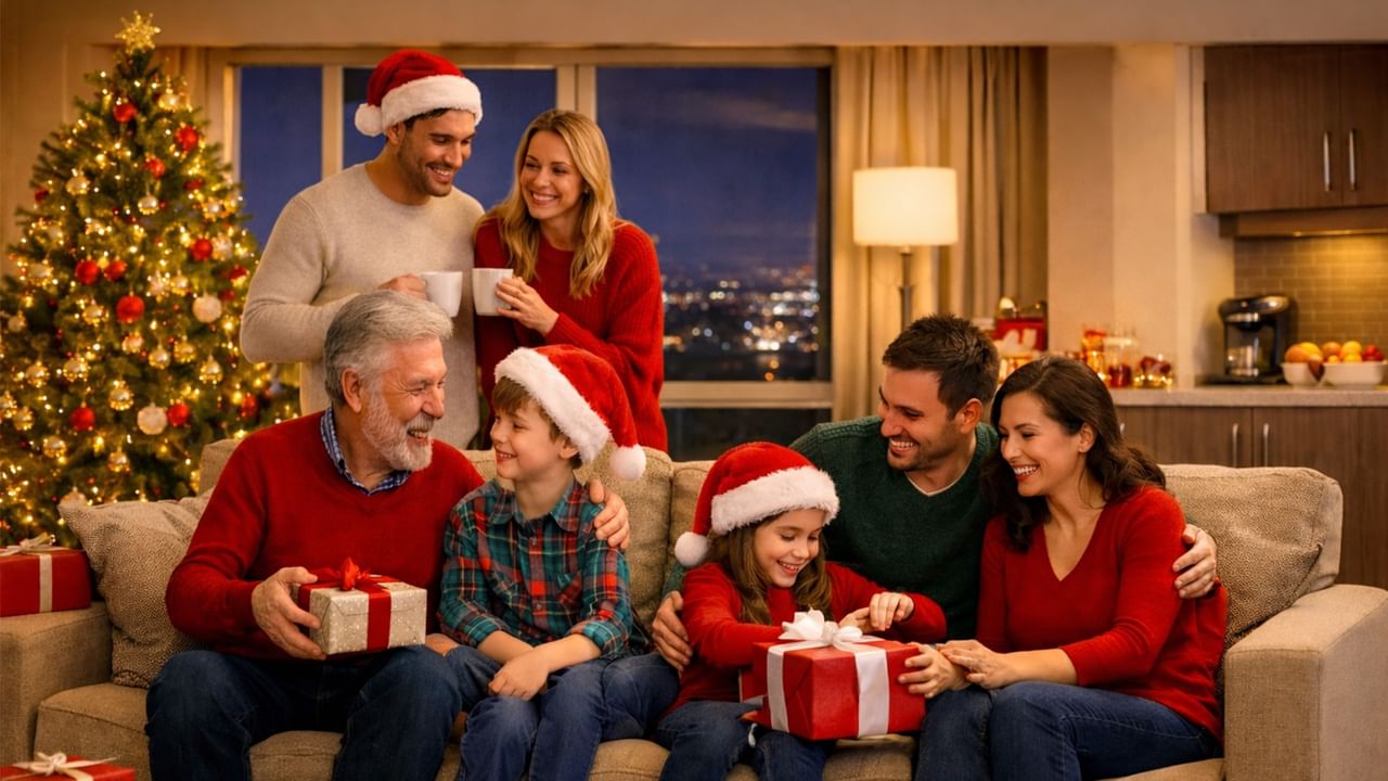 Family enjoys festive atmosphere with gifts and smiles during Boxing Day Sale.