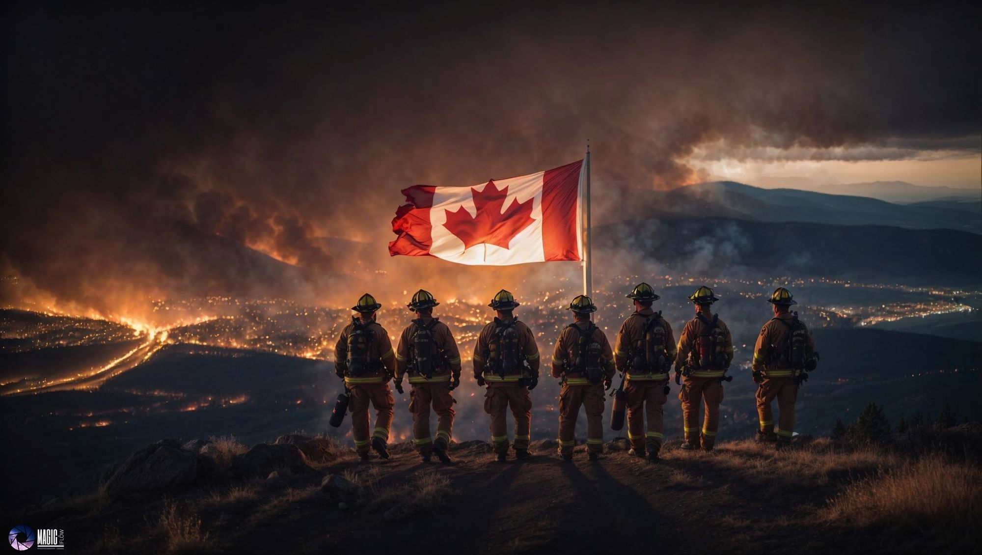 7 Firemen standing with Canadian flag near Hotel Eldorado