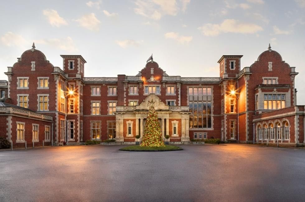 Exterior of Easthampstead Park Mansion with Christmas tree ready for Christmas day lunch in wokingham