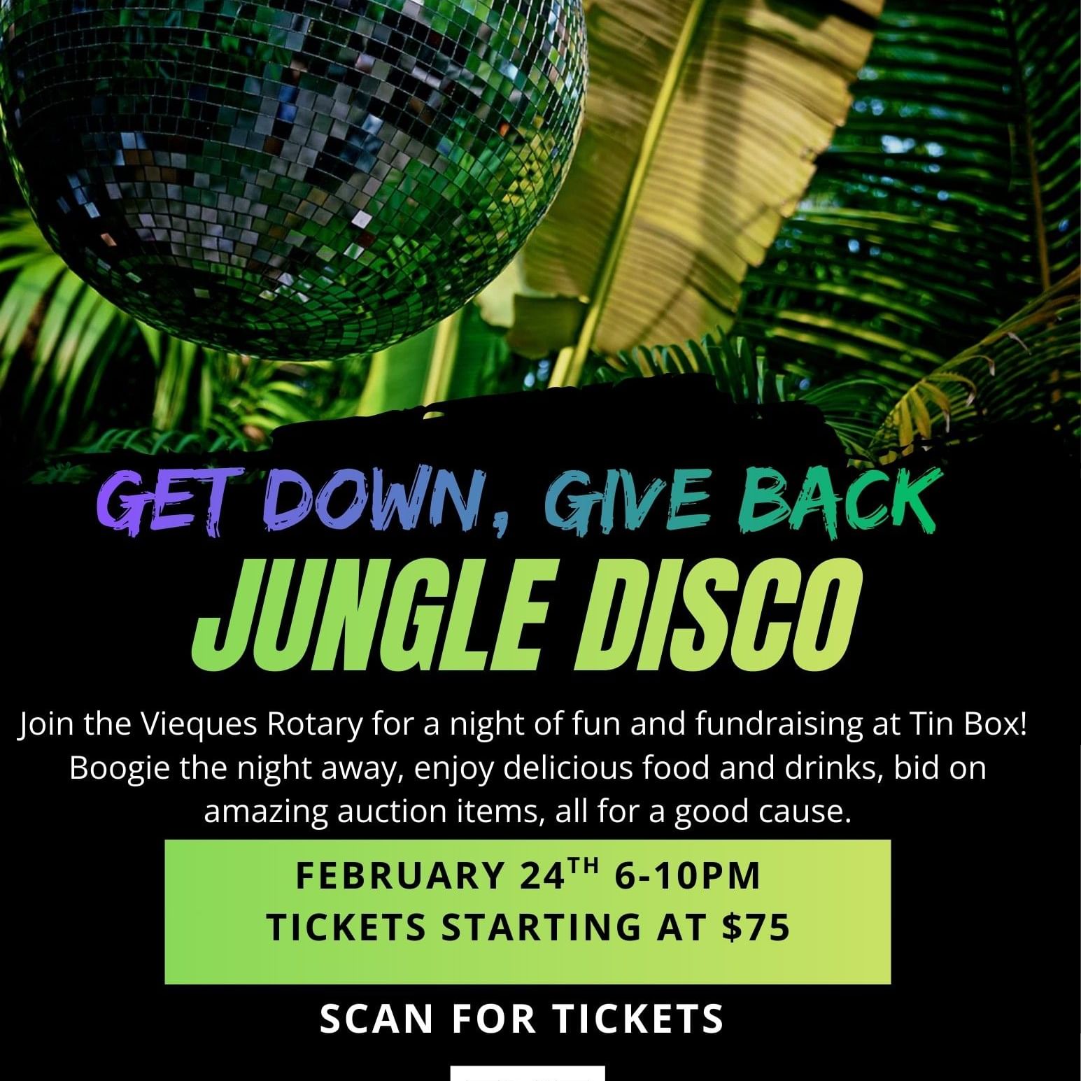 Mirrored disco ball surrounded by tropical palm leaves with Jungle Disco at El Blok Hotel in Vieques.