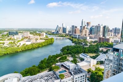 Aerial view of the city around the Austin Condo Hotel