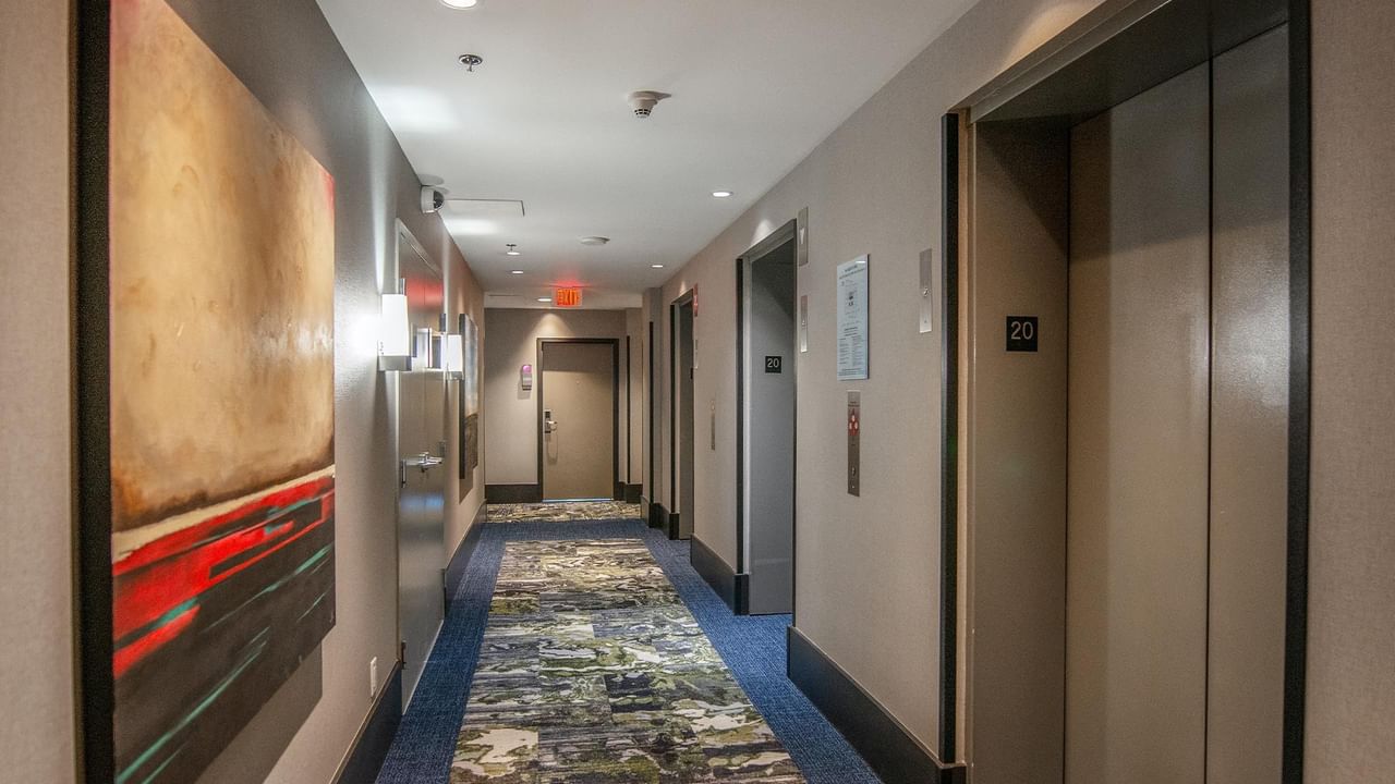 Long hallway with artwork and elevators.