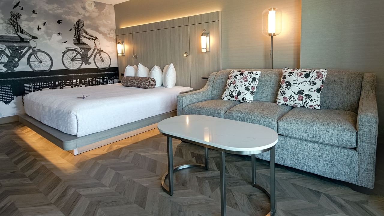 Hotel guestroom with sofa and coffee table