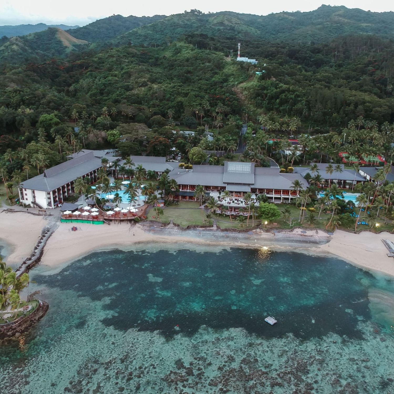 Aerial shot of Warwick Resort in Fiji