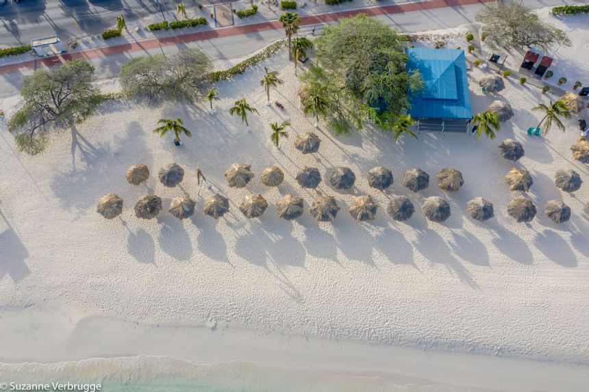 Aerial view of straw umbrellas by beach near Amsterdam Manor