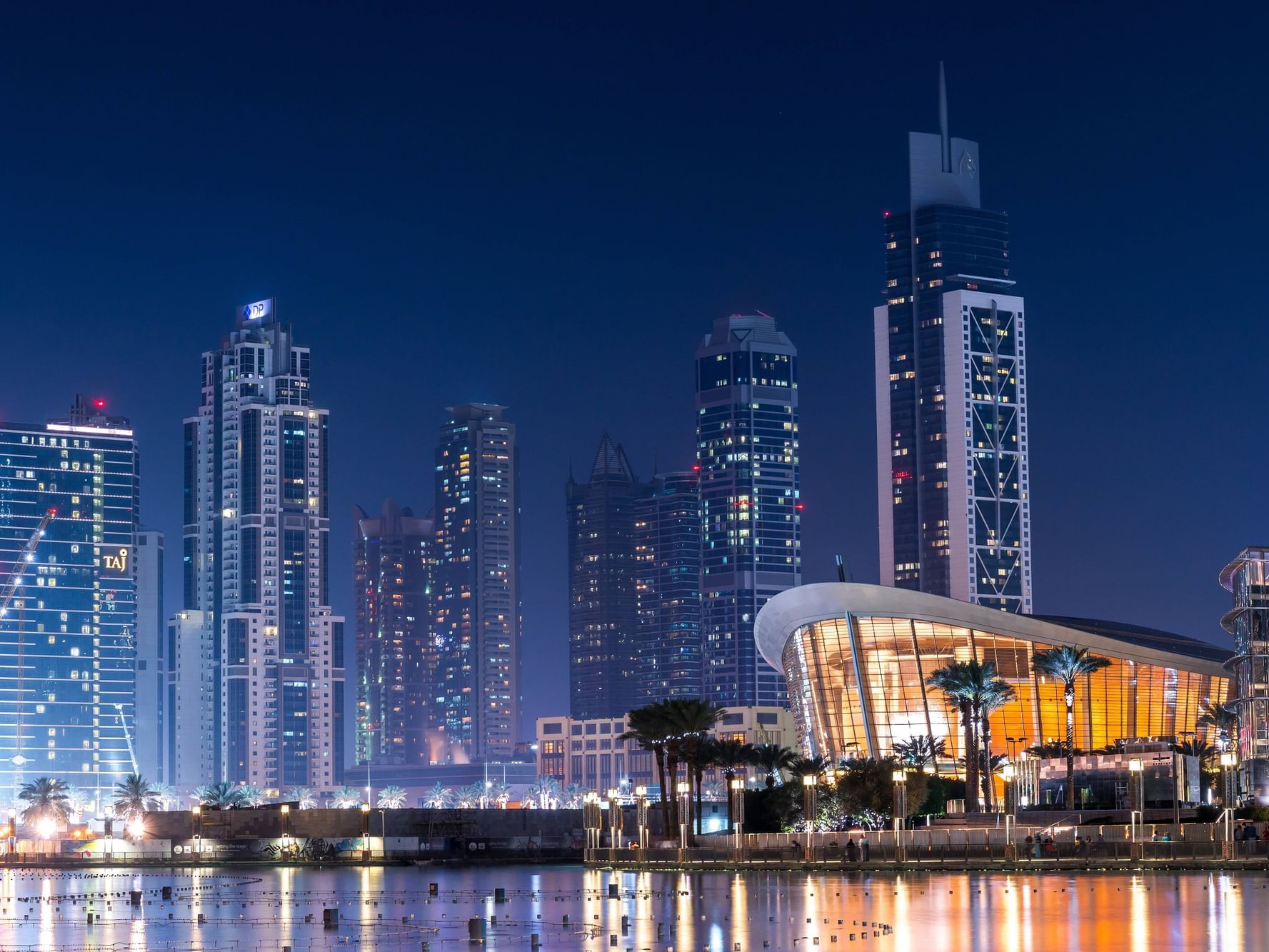 River in Dubai Opera near Two Seasons Hotel & Apt at night
