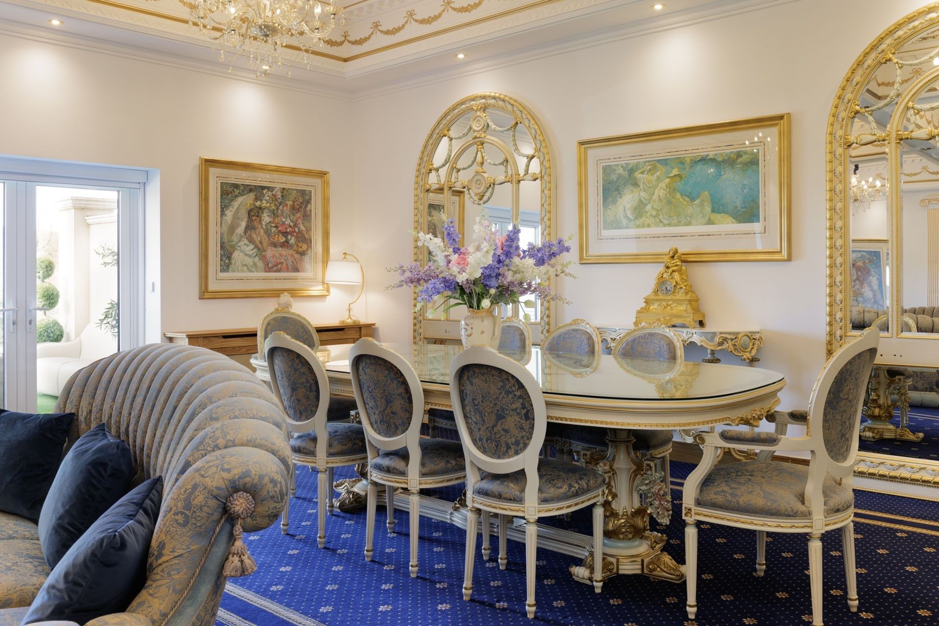 Ornate dining room with blue and gold chairs perfect for luxury hotel warwickshire dining events at Polo Club Hotel
