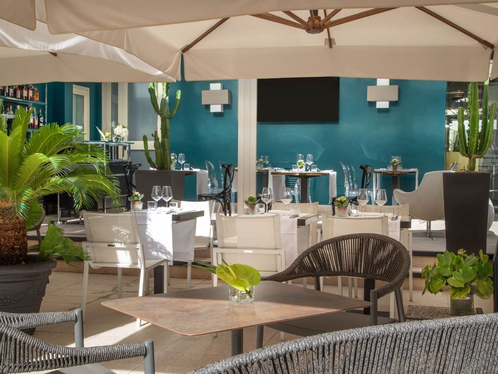 Elegant Guardian Dehors outdoor dining at The Guardian Hotel with modern furniture, lush plants, and a vibrant blue wall