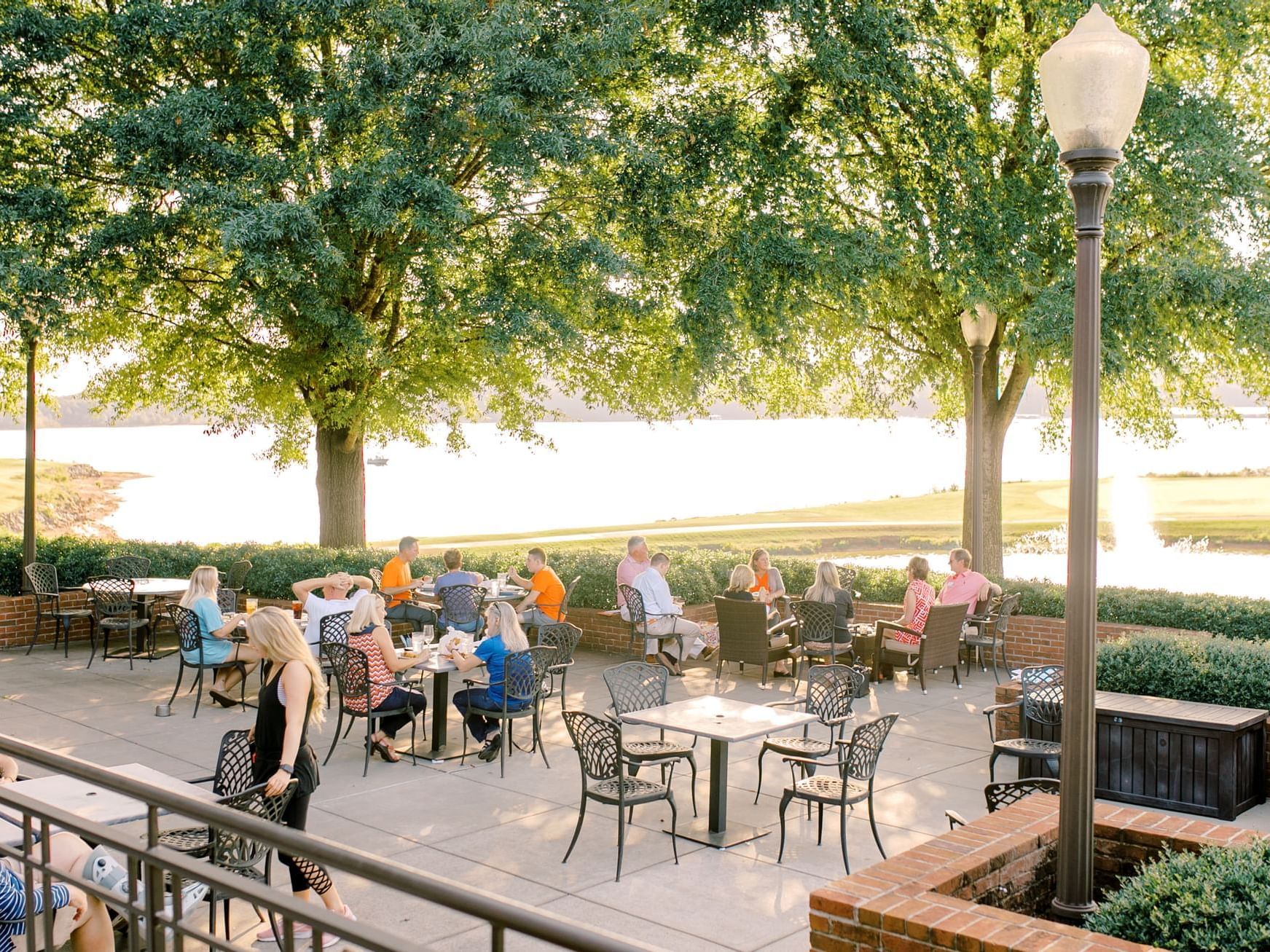 outside dining area with view of lake