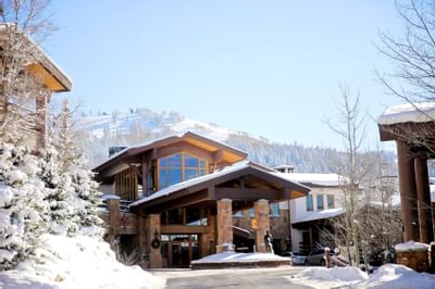 Exterior view of Stein Eriksen Lodge's entrance during winter