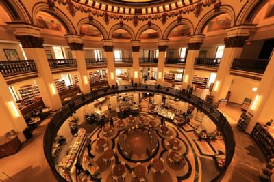 Interior of Heinen's Market, under a stained-glass rotunda