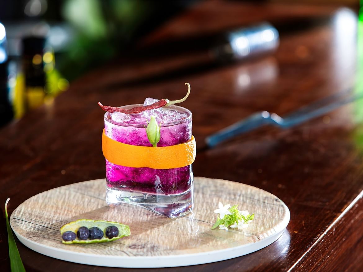 Closeup of garnished mocktail serve in Coco Bar at Senses Hotel
