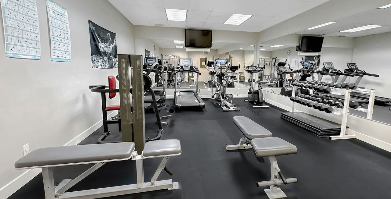 Hotel fitness centre with various exercising equipment