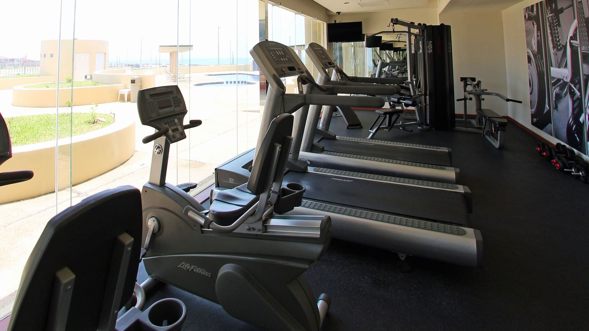 Closeup of treadmills in the gym at Fiesta Inn Coatzacoalcos