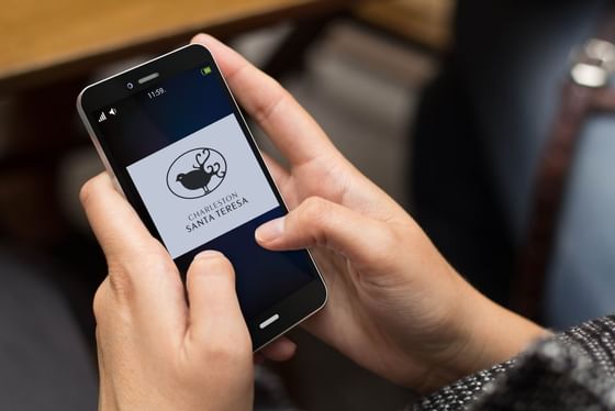 A person watching the Hotel Charleston Logo on a phone
