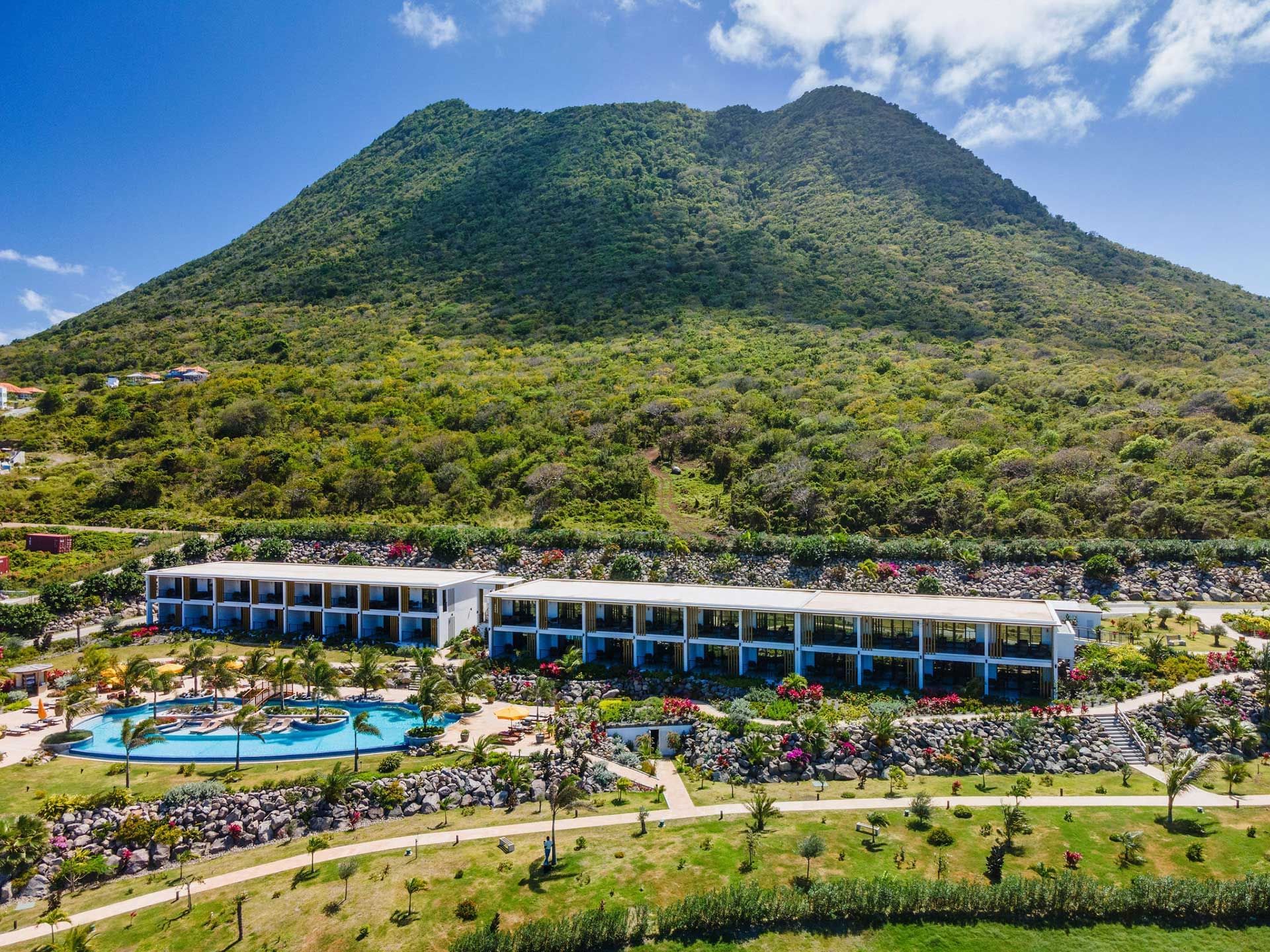 Distant view of the Golden Rock Resort & the mountain