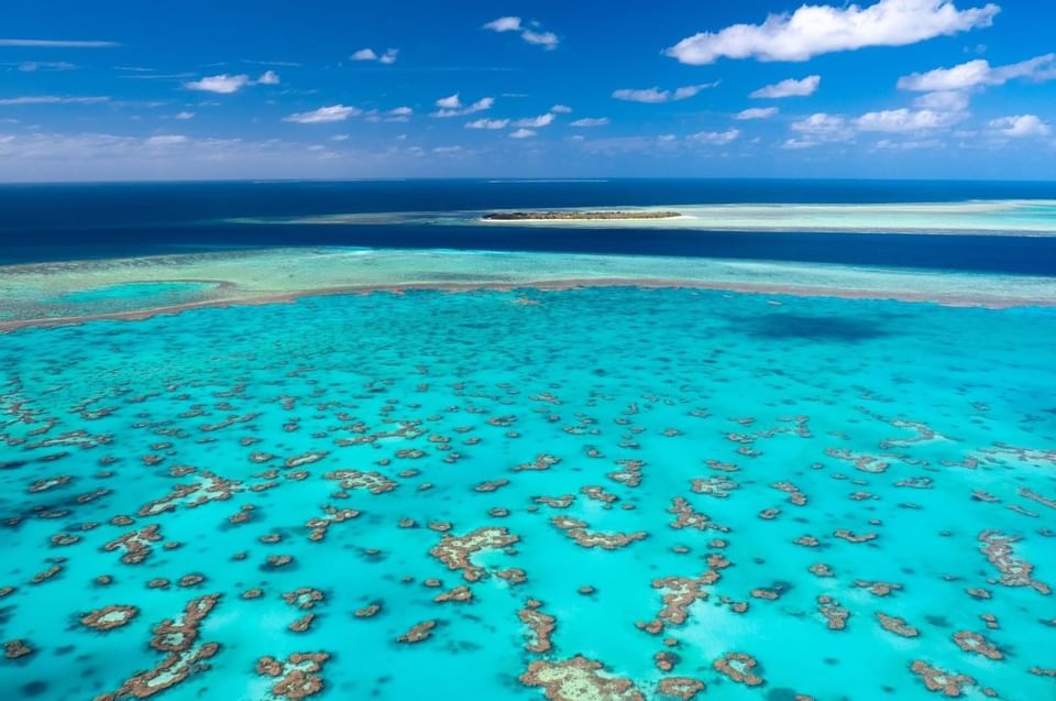 Aerial view of shallow sea near Heron Island Resort