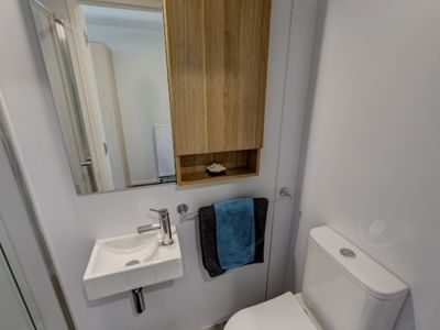 Compact modern bathroom with white sink, mirror, wooden cabinet, and blue and black towels in Tupuārangi