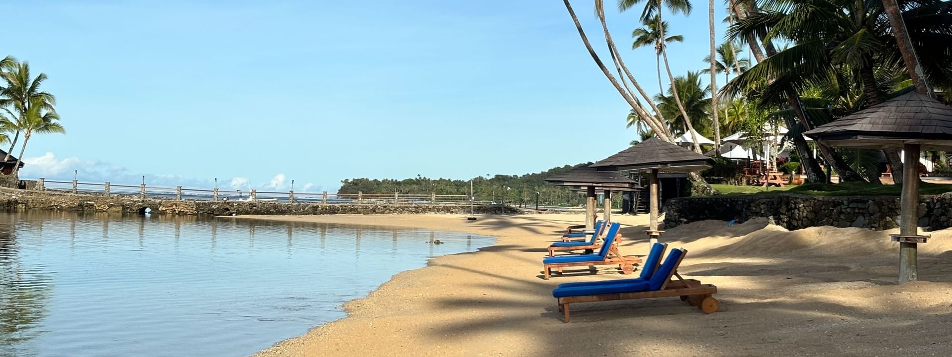 Sandy beach with loungers and coconut trees at Warwick Fiji Resort and Spa in Korolevu