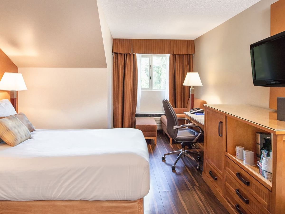 Queen bed with tv and view