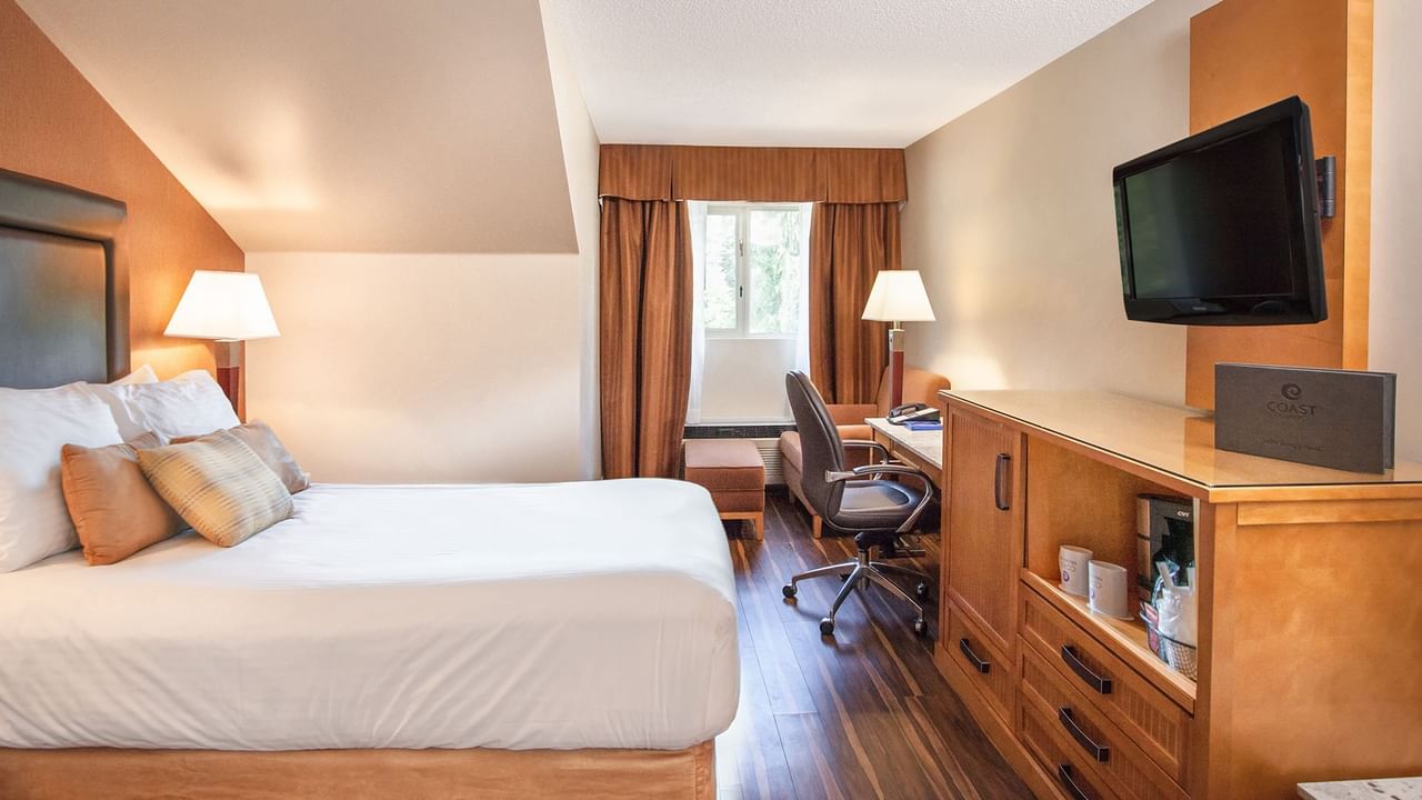 Queen bed with tv and view