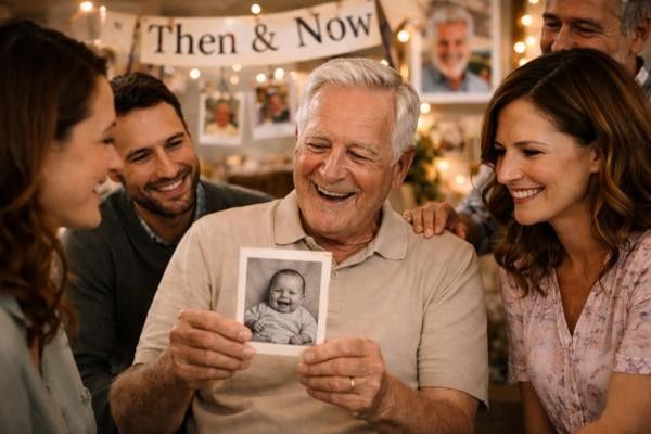 Retiree holding up his baby photo tying into the then and now retirement party theme idea