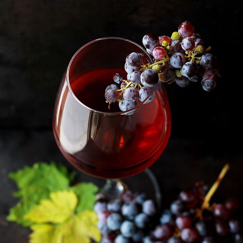 A glass of wine with grapes near Falkensteiner Hotels