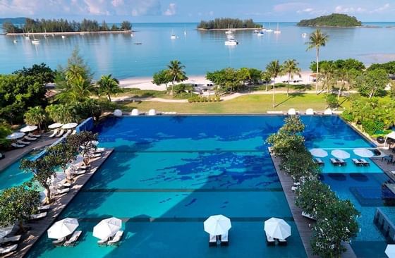 Aerial view of swimming pool with sunbeds at The Danna Langkawi