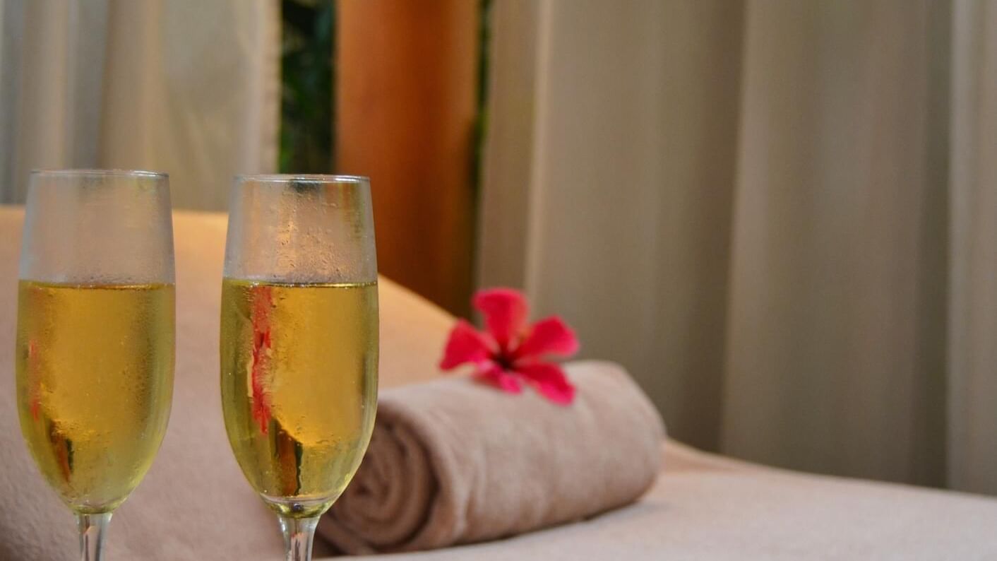 Champagne glasses by the massage bed at FA Puerto Vallarta