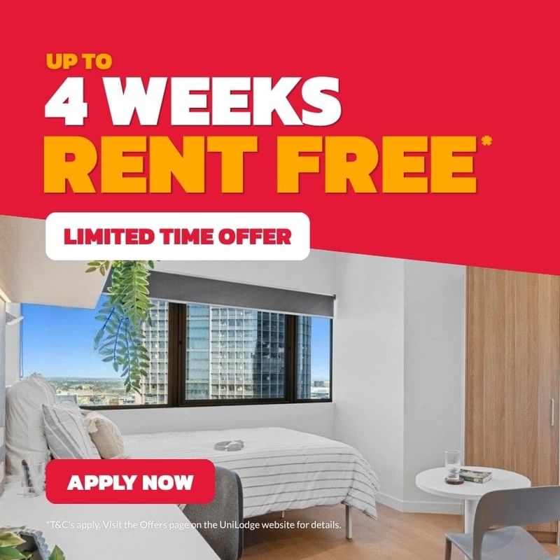 Modern student bedroom with white bed, city view window, and promotional offer for up to 4 weeks rent free at UniLodge Brisbane City