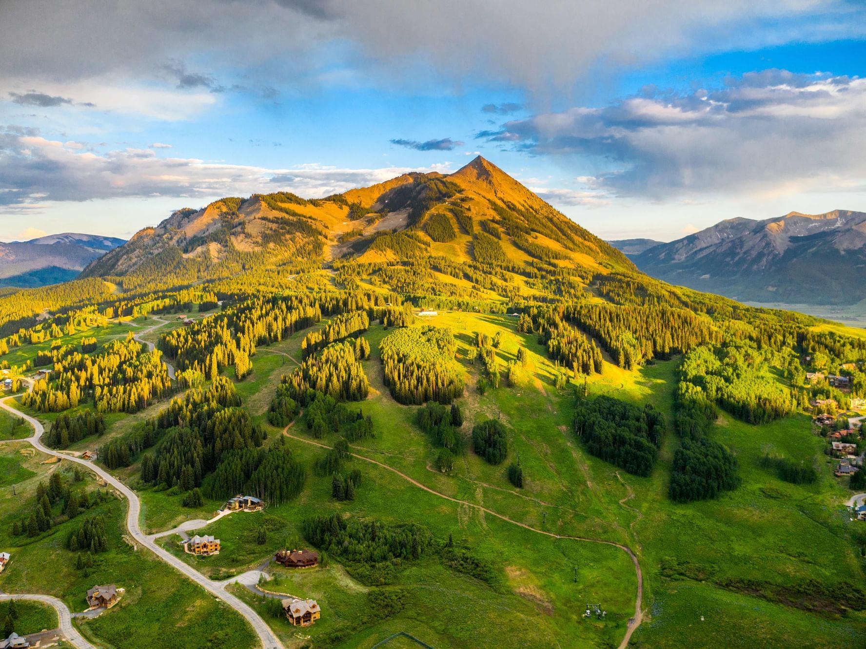Aerial view the Crested Butte mountain at Elevation Hotel with a Parking Package offer.
