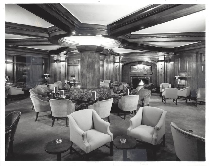 Vintage image of The Fireside Room interior with plush seating at Hotel Sorrento