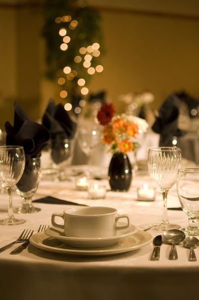 Close-up of table arrangement in Ballroom at Merit Hotel & Suites