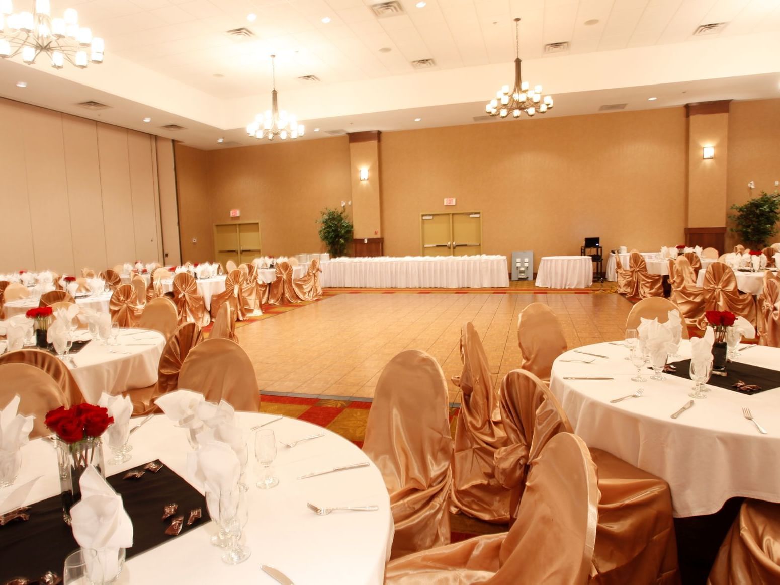 tables and chairs in a ballroom