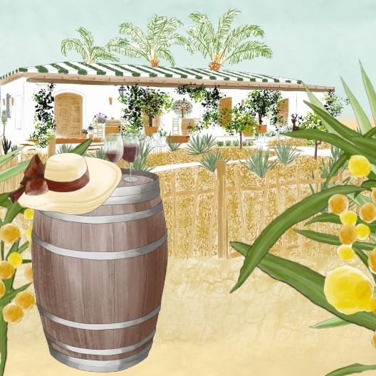 Ilustración de barril de vino con sombrero y flores en evento homenajeando el talento femenino en el mundo del vino.
