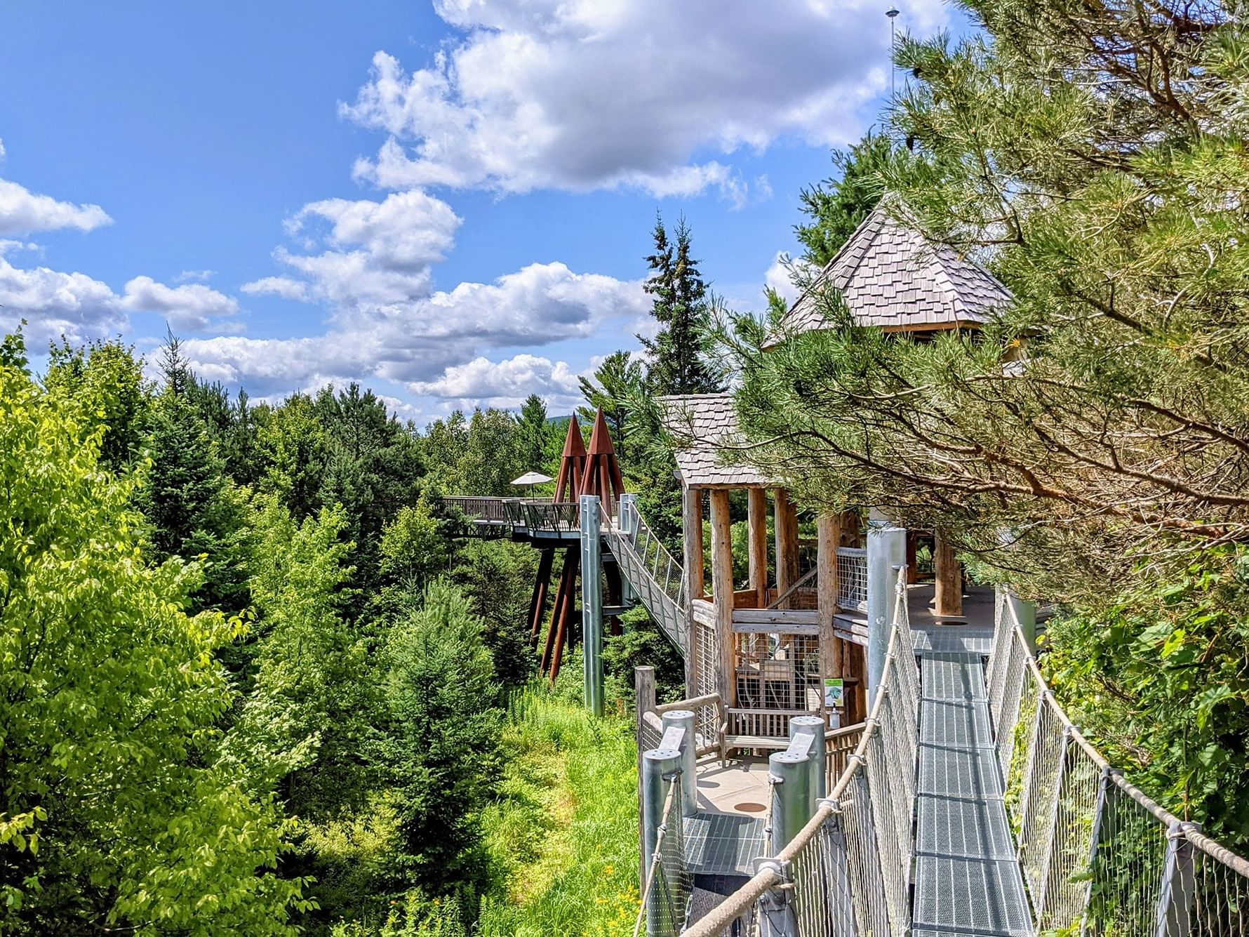 Elevated walkway with metal railings leading to a wooden structure in a forested area near High Peaks Resort