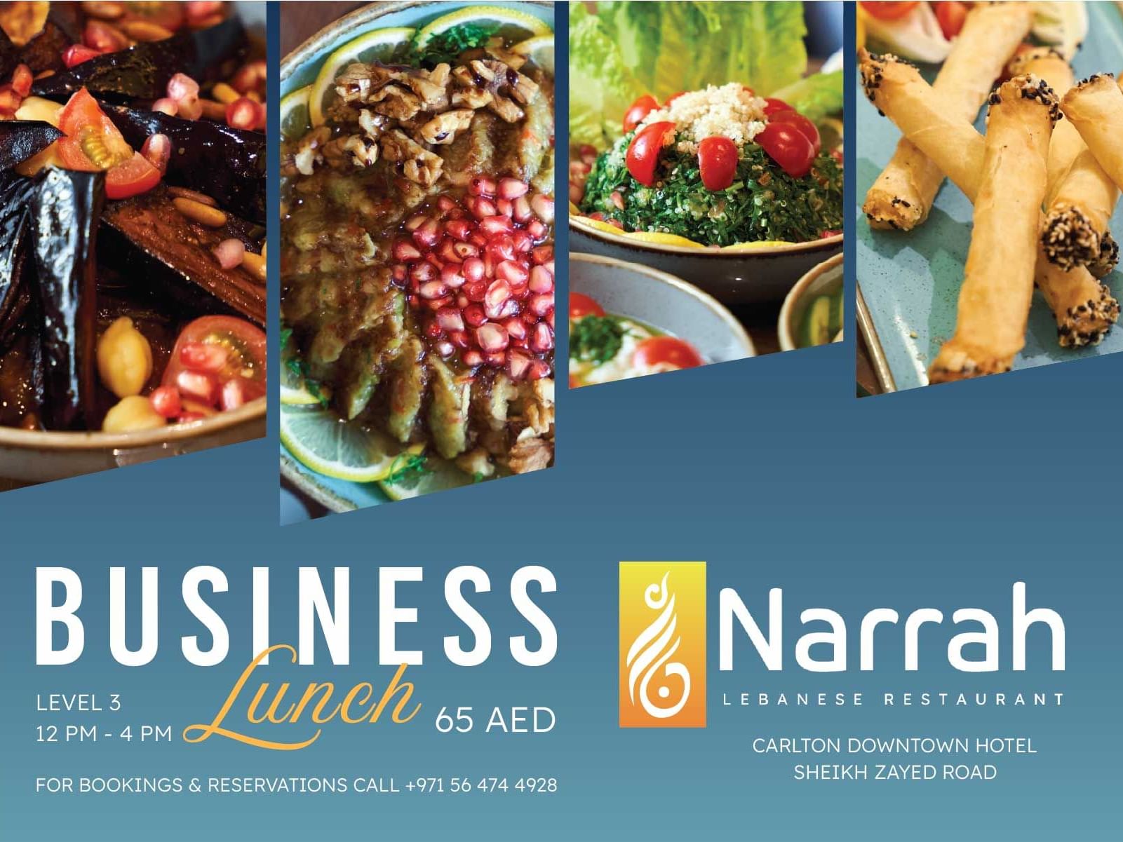 Lebanese lunch spread with mezze and grilled dishes at Narrah Restaurant.