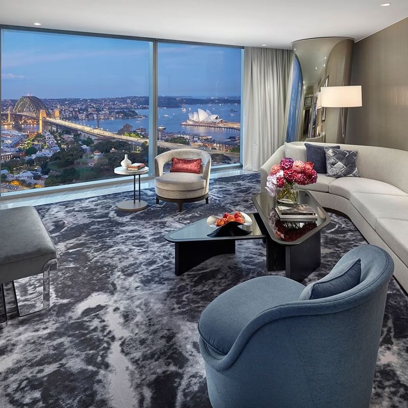 Living room in Opera Tower Suite at Crown Towers Sydney