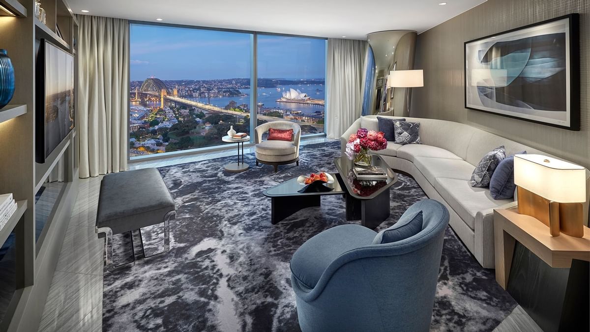 Living room in Opera Tower Suite at Crown Towers Sydney
