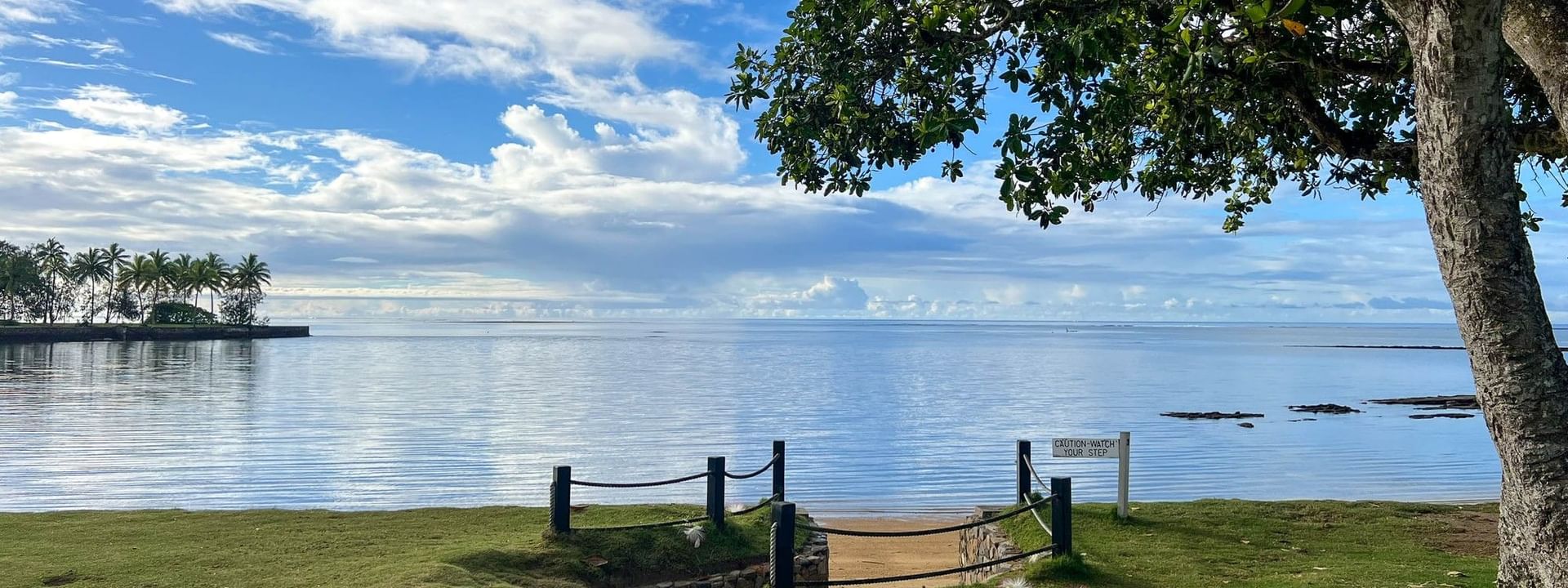 Serene beach view with ocean and lush greenery at The Naviti Resort in Korolevu