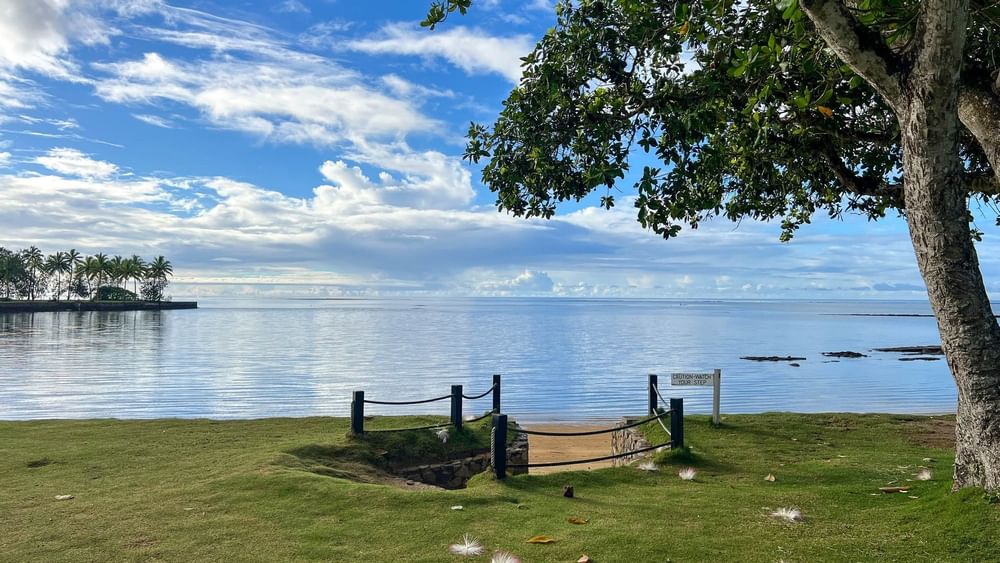 A serene beach view with ocean and lush greenery at The Naviti Resort in Korolevu.