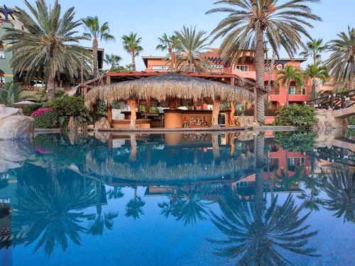 Palmeras reflejadas en la piscina del resort con techo de paja del Bar Delfines en Hacienda del Mar Los Cabos