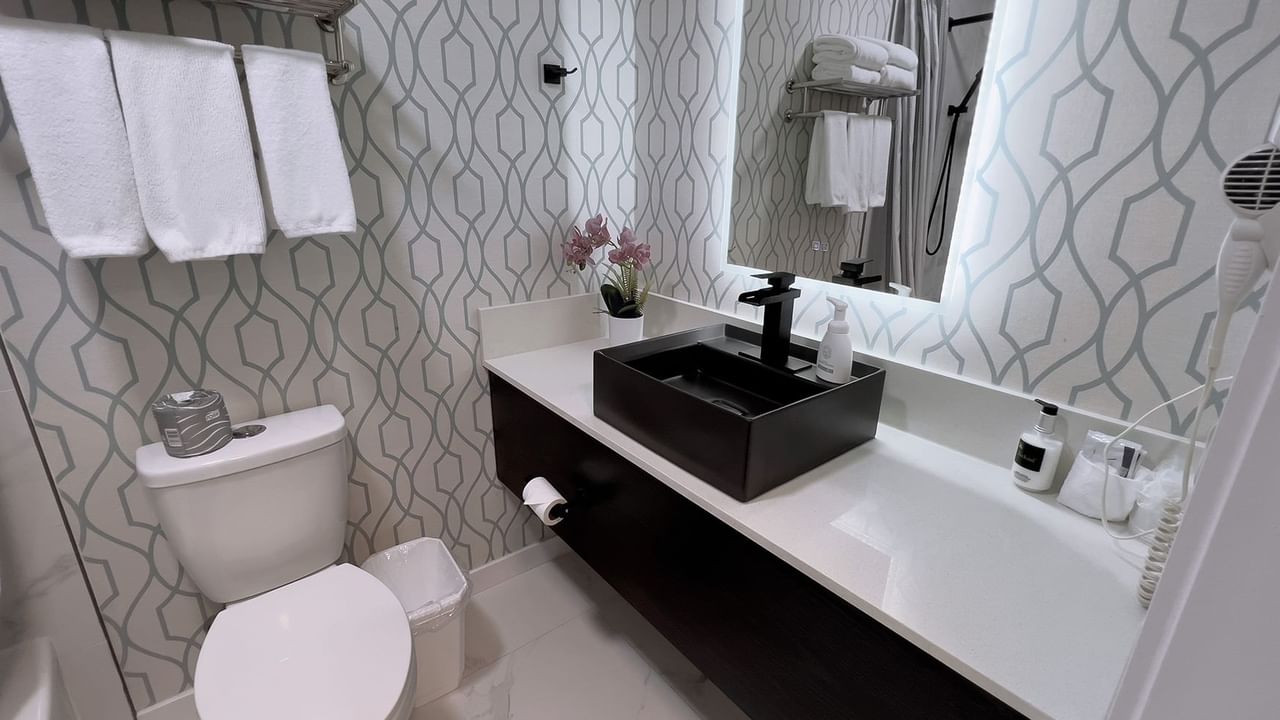Bathroom with towels, toilet, mirror, sink, hairdryer